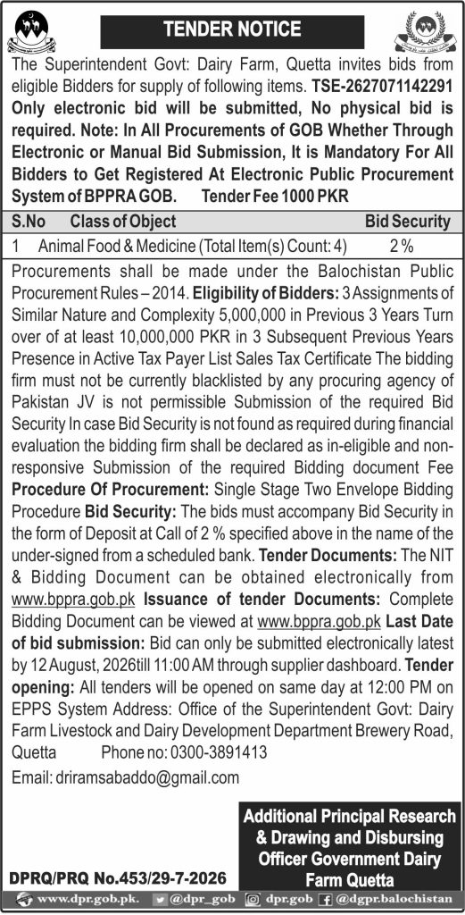 Additional Principal Research & Drawing and Disbursing Officer Govt Dairy Farm Qta