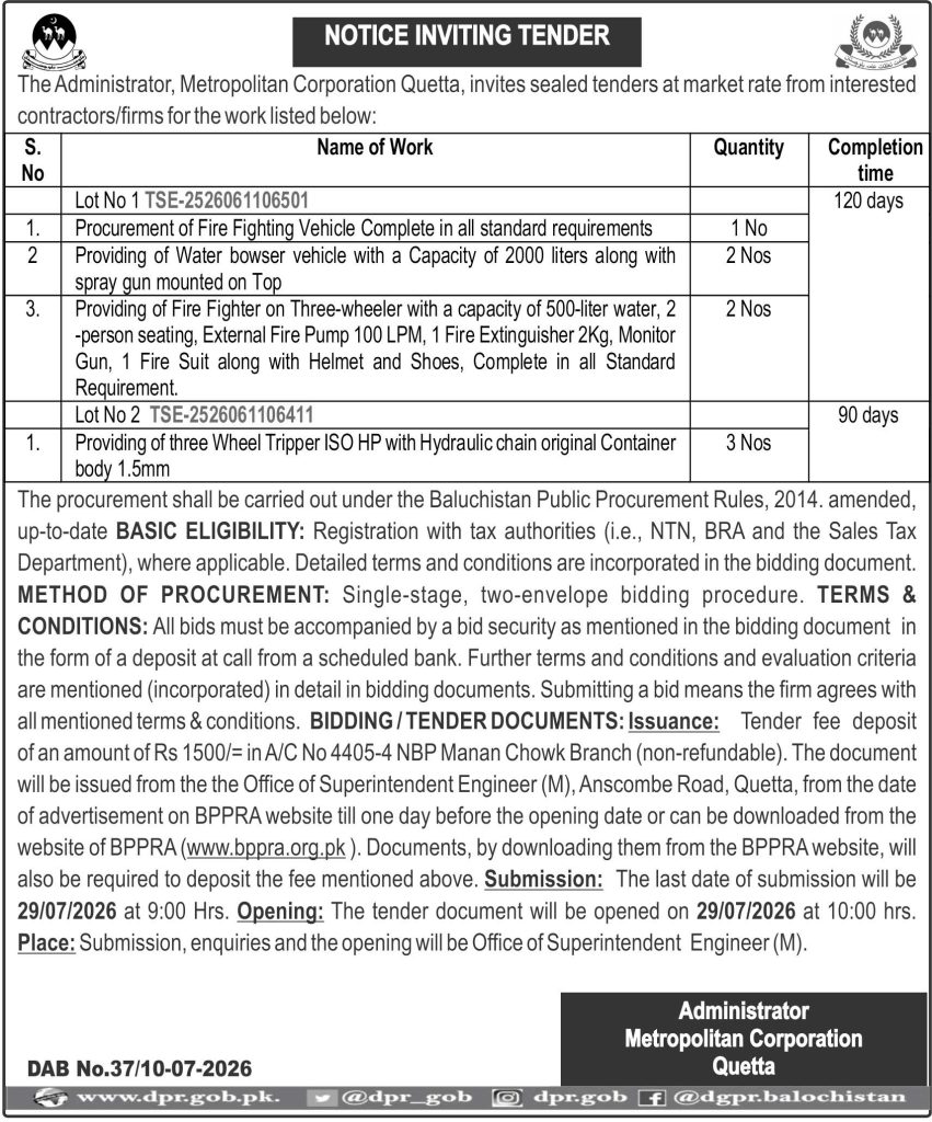 Administrator Metropolitan Corporation Quetta (Tender Notice)