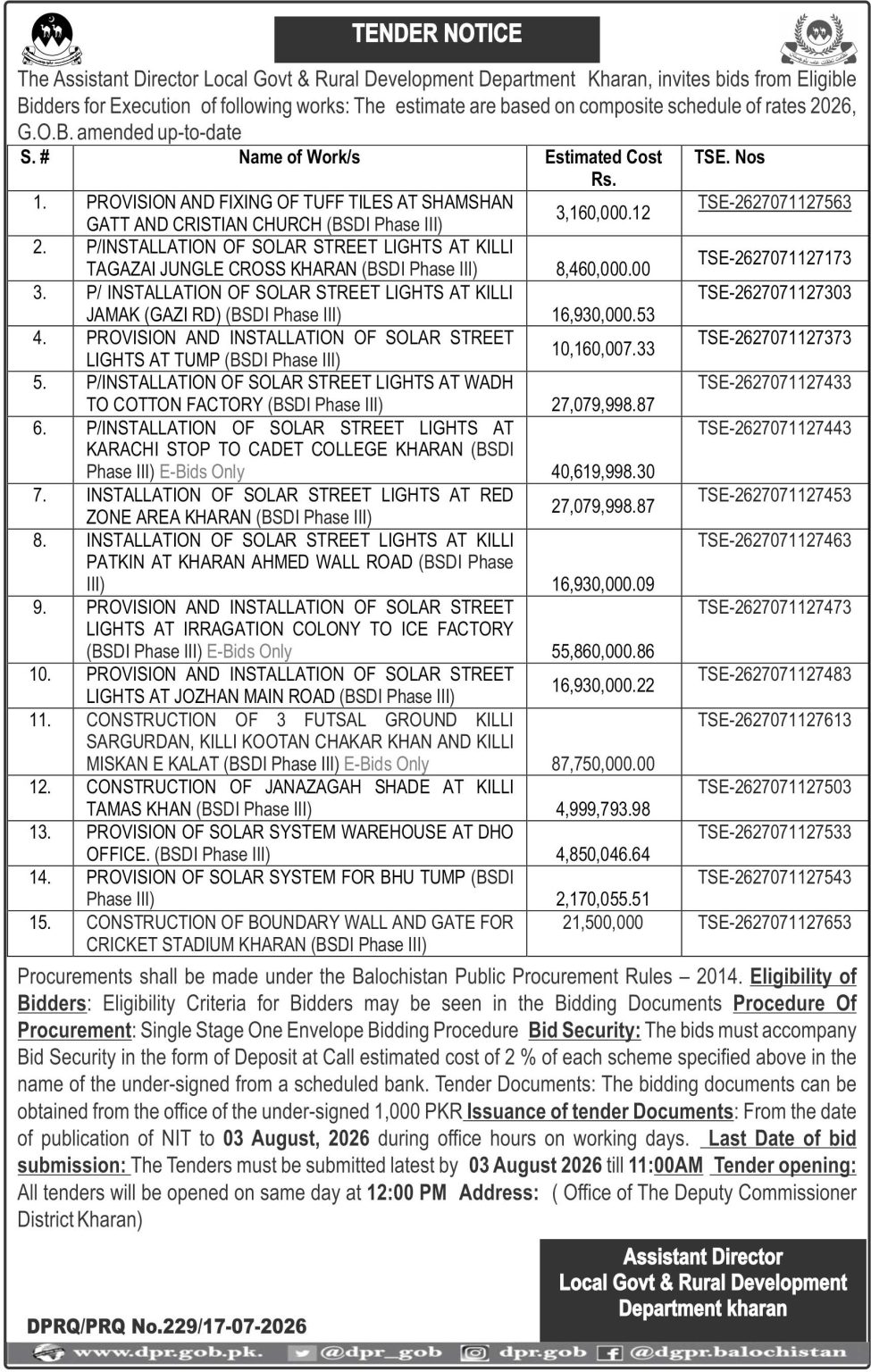 Assistant Director Local Govt & Rural Development Department Kharan (Tender Notice)