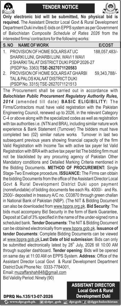 Assistant Director Local Govt & Rural Development Duki (Tender Notice)