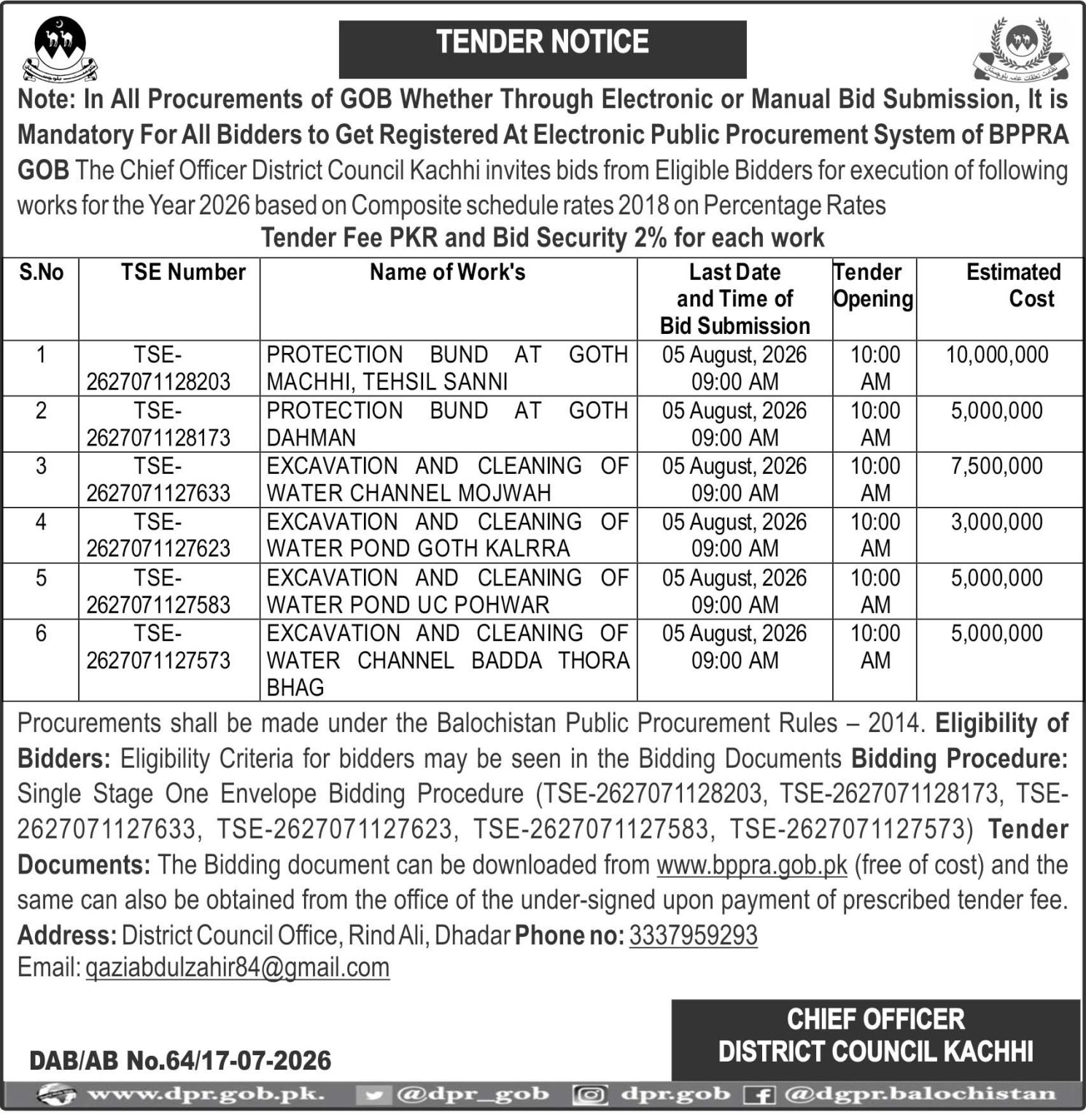 CHIEF OFFICER DISTRICT COUNCIL KACHHI (TENDER NOTICE)