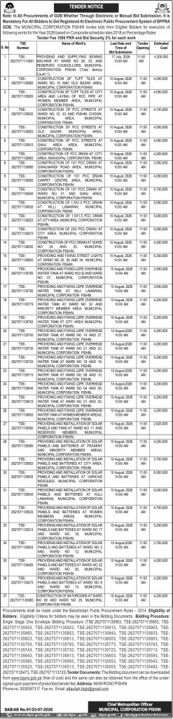 Chief Metropolitan Officer Municipal Corporation Pishin (Tender Notice)