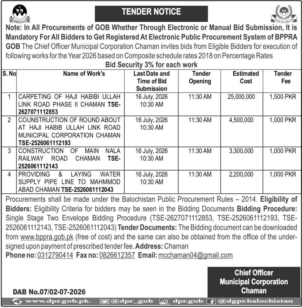 Chief Officer Muncipal Corporation Chaman (Tender Notice)
