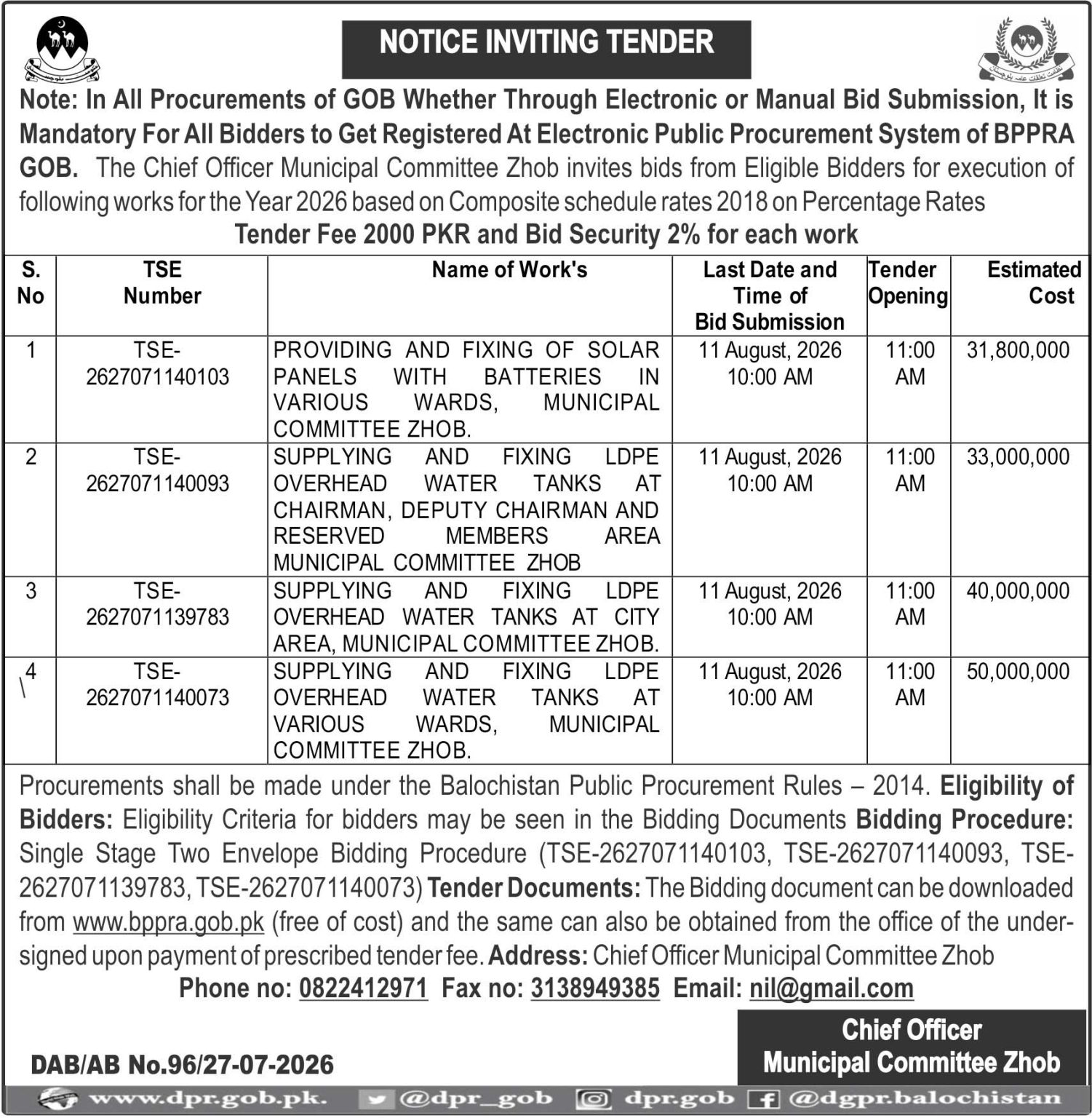 Chief Officer Municipal Committee Zhob (Notice Inviting Tender)