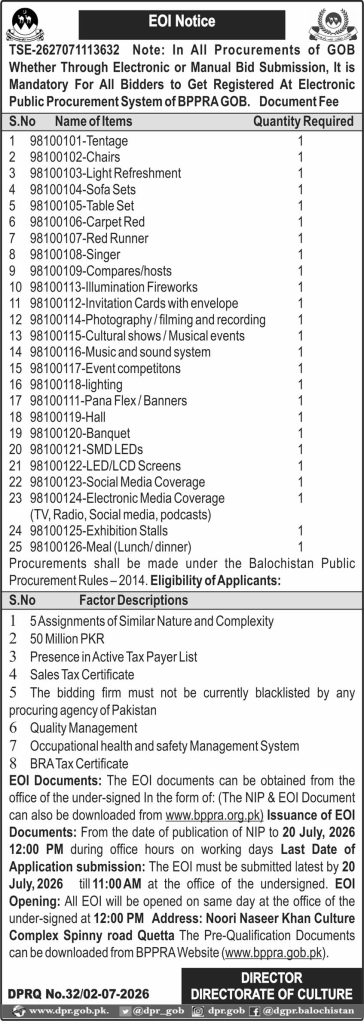 Director Directorate of Culture (Tender Notice)