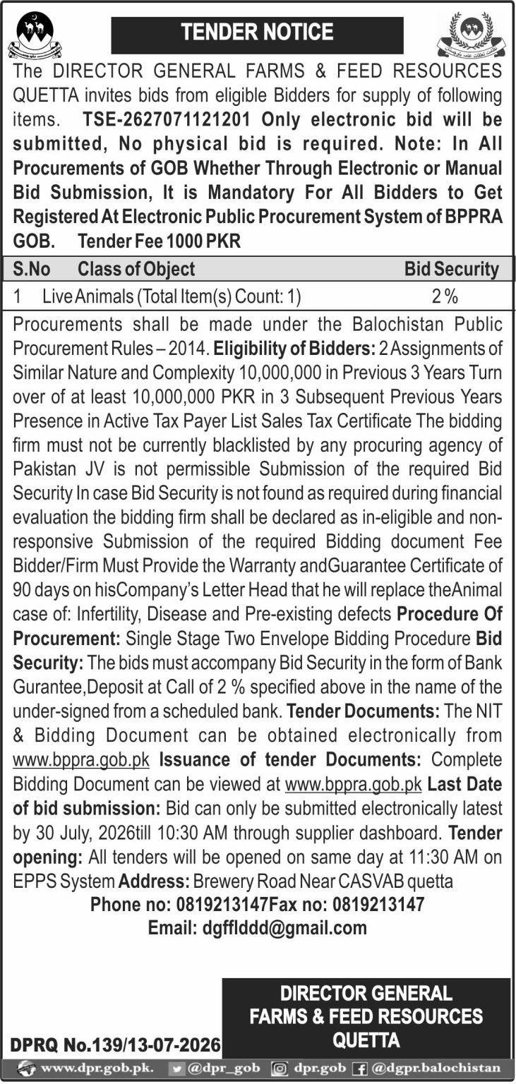 Director General Farms Feed Resources Quetta (Tender Notice)