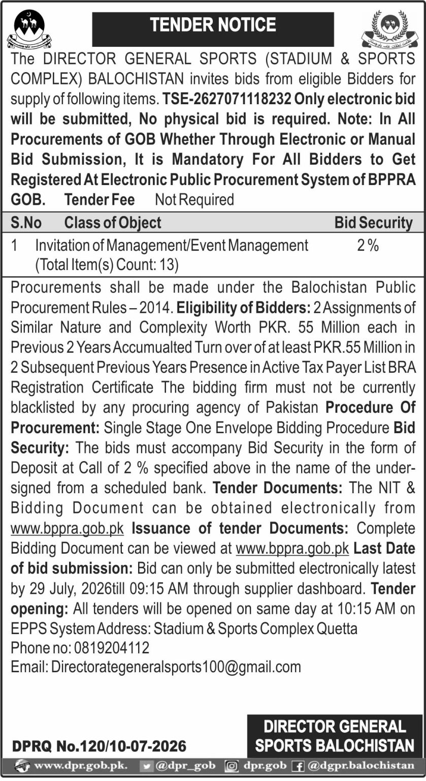 Director General Sports Balochistan (Tender Notice)