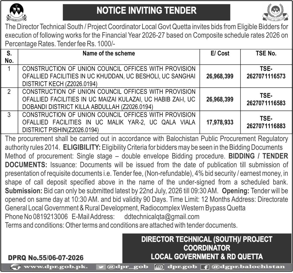 Director Techinal (South) Project Coordinator Local Govt & RD Quetta (Tender Notice)