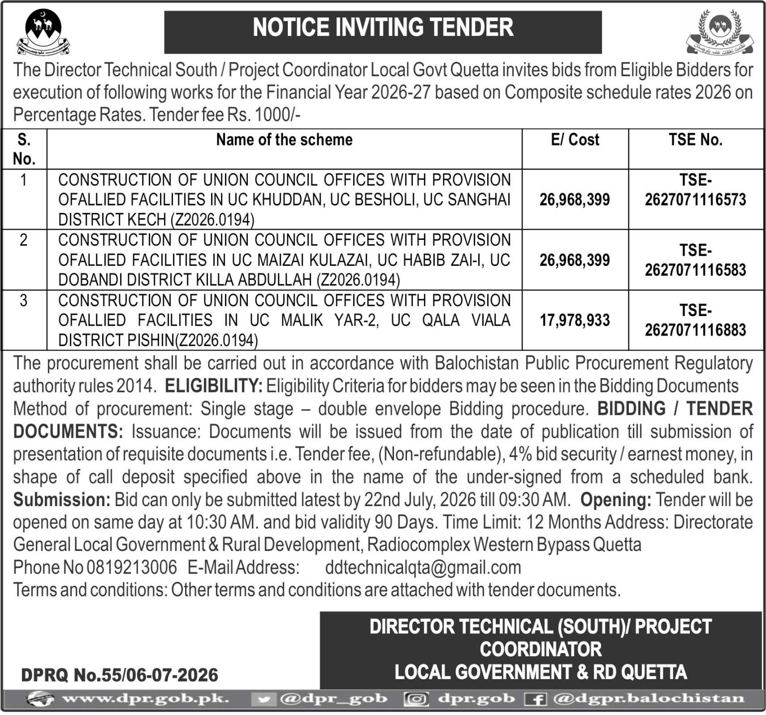 Director Techinal (South) Project Coordinator Local Govt & RD Quetta (Tender Notice)