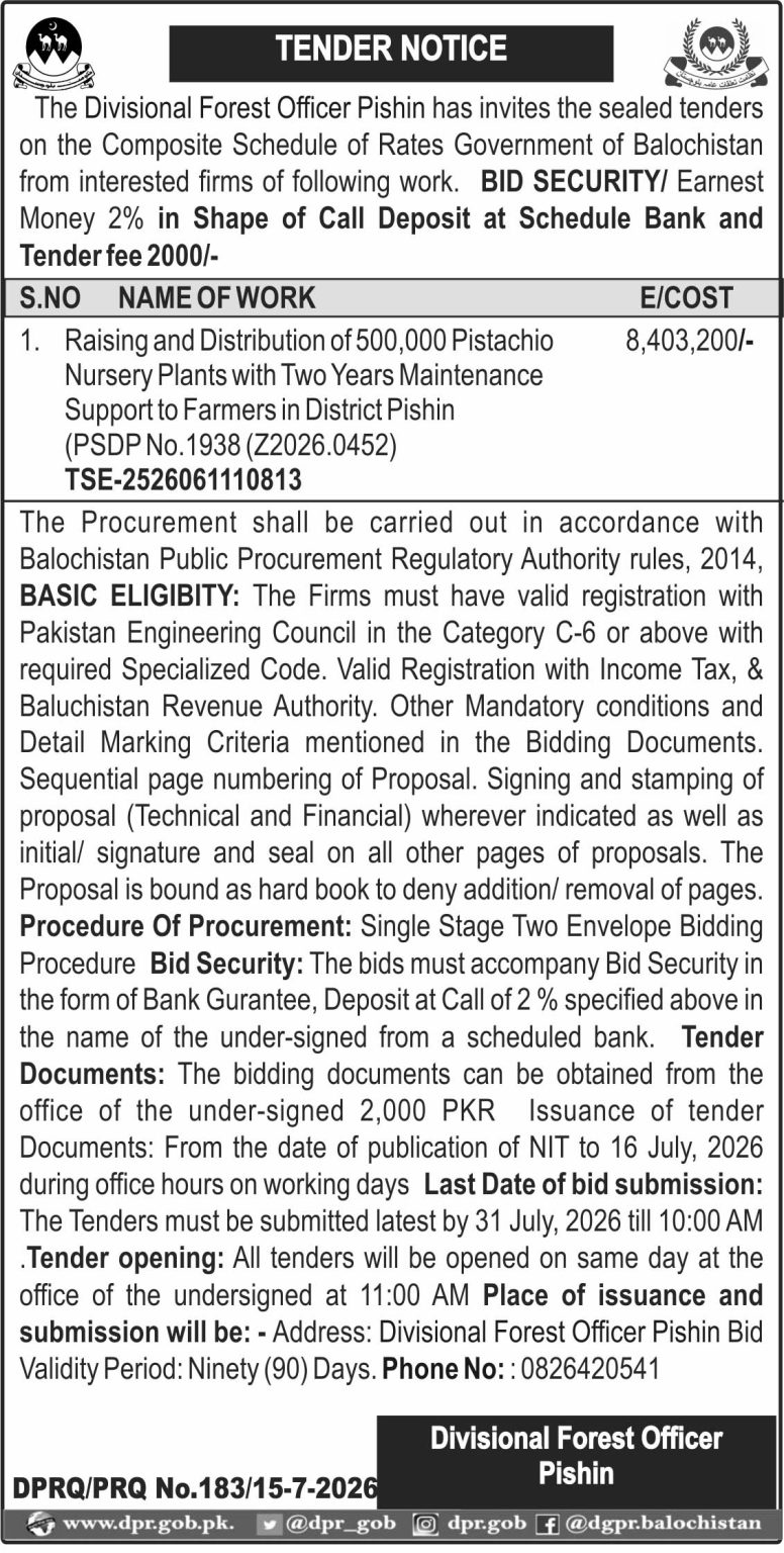 Divisional Forest Officer Pishin (Tender Notice)