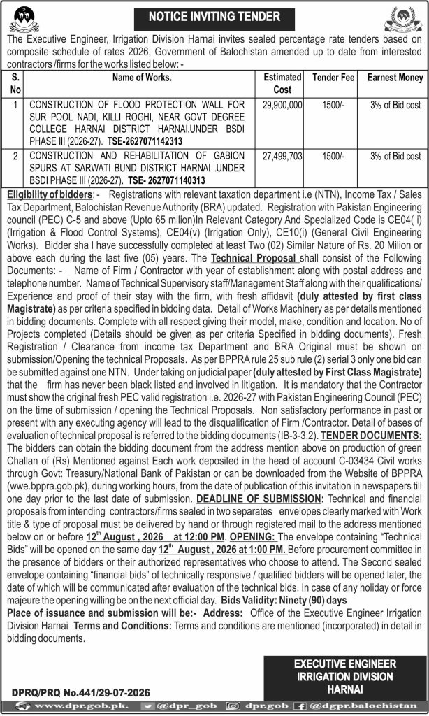 EXECUTIVE ENGINEER IRRIGATION DIVISION HARNAI