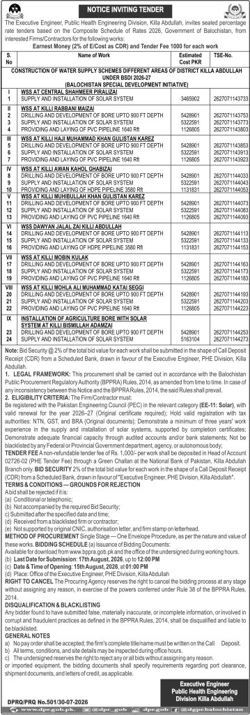 EXECUTIVE ENGINEER Public Health Engineering Division Killa Abdullah (Notice Inviting Tender)