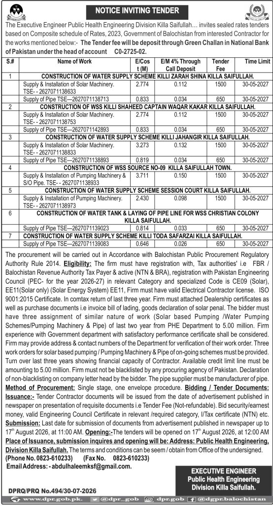 EXECUTIVE ENGINEER Public Health Engineering Division Killa Saifullah. (Notice Inviting Tender)