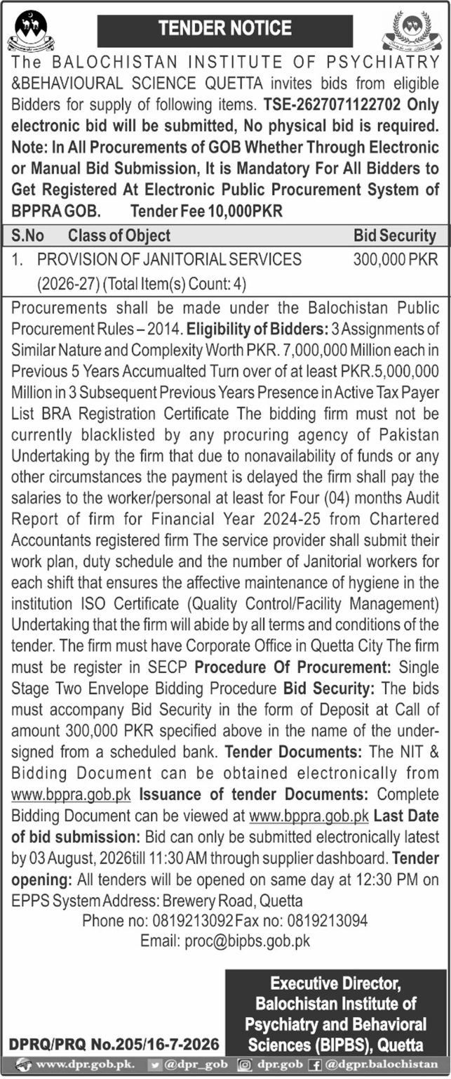 Executive Director, Balochistan Institute oF Psychiatry and Behavioral Sciences (BIPBS) Qta (Tender Notice)
