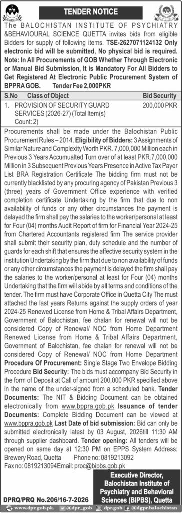 Executive Director, Balochistan Institute oF Psychiatry and Behavioral Sciences (BIPBS) Qta (Tender Notice)1