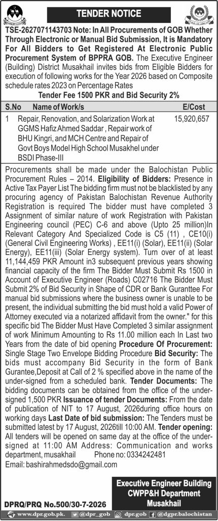 Executive Engineer Building CWPP&H Department Musakhail