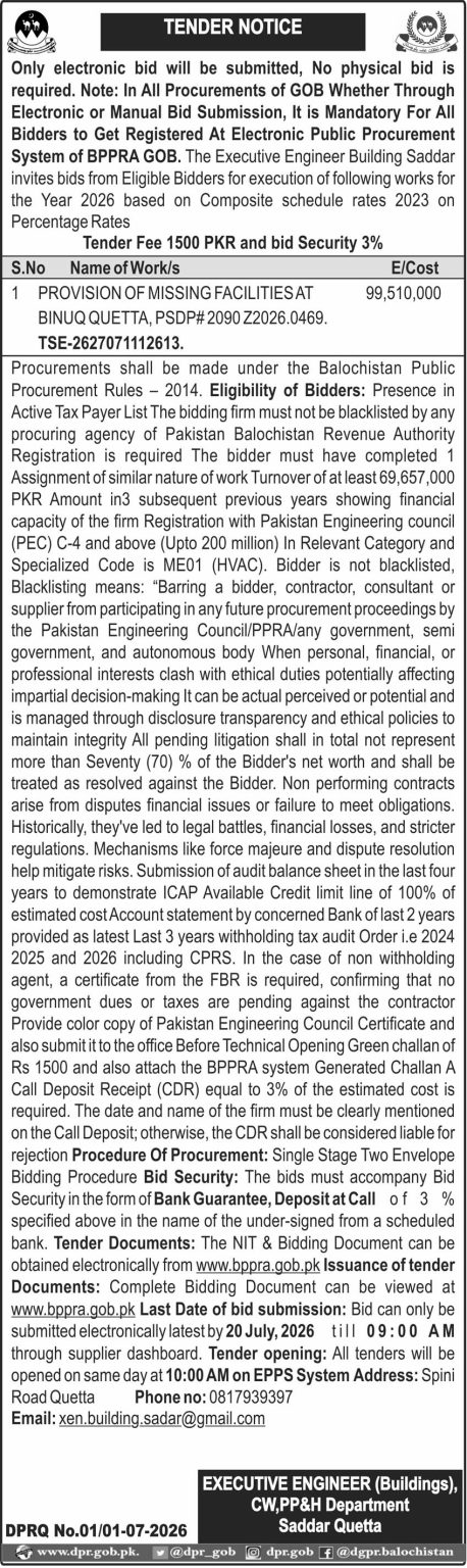 Executive Engineer (Buildings), CW,PP&H Department Saddar Quetta (Tender Notice)