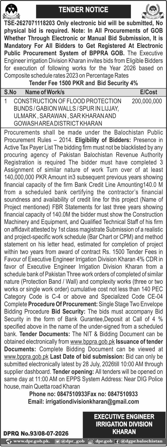 Executive Engineer Irrigation Division Kharan (Tender Notice)
