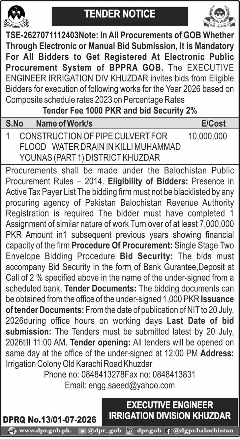 Executive Engineer Irrigation Division Khuzdar (Tender Notice)