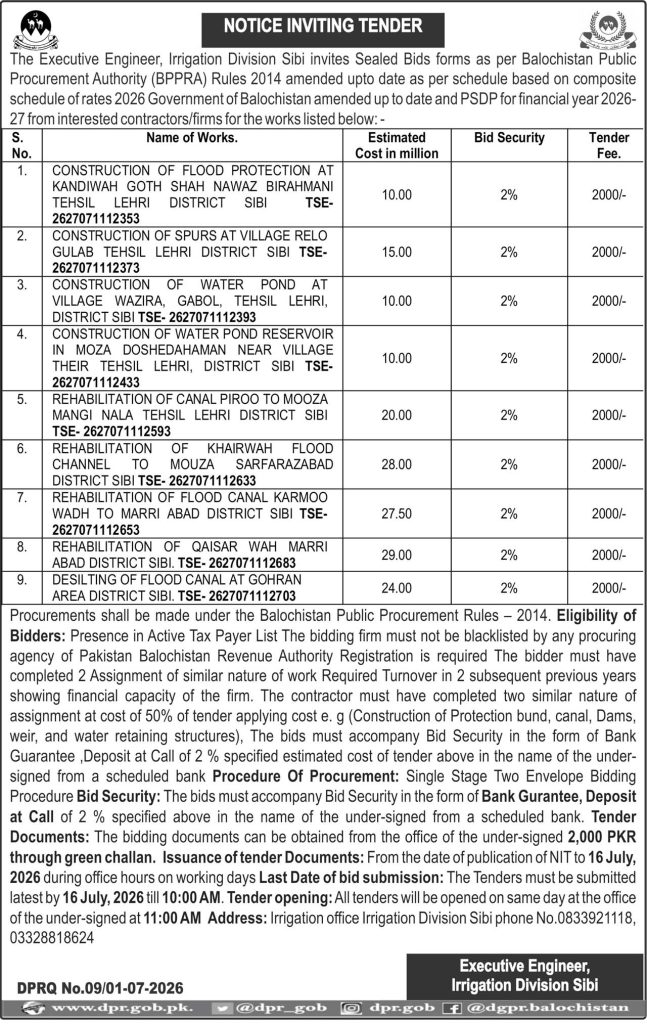 Executive Engineer Irrigation Division Sibi (Tender Notice)