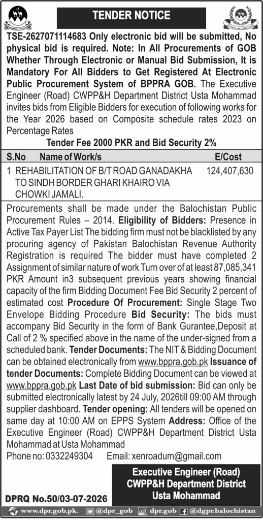 Executive-Engineer-Road-CWPPH-Department-District-Usta-Mohammad (Tender Notice)