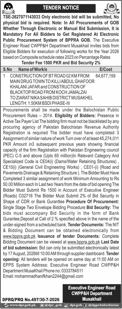 Executive Engineer Road CWPP&H Department Musakhail