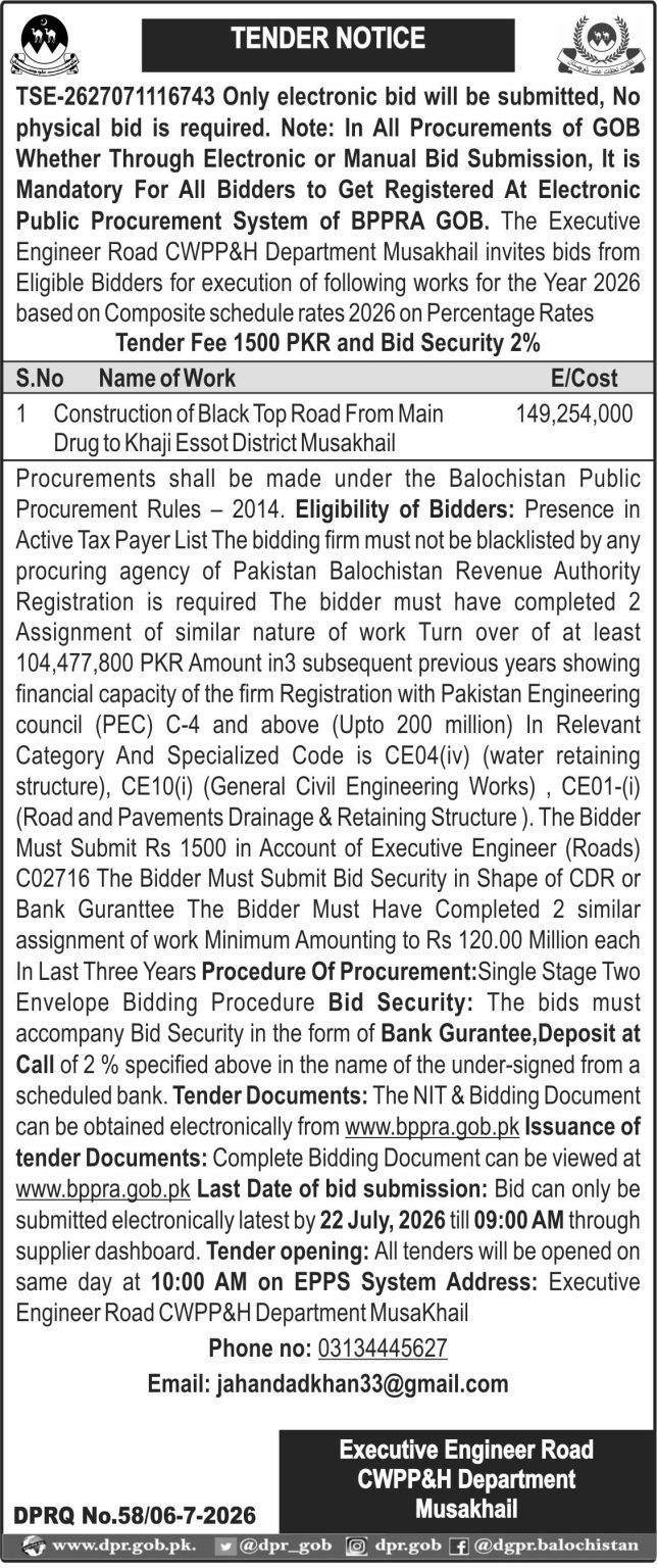Executive Engineer Road CWPP&H Department Musakhail (Tender Notice)