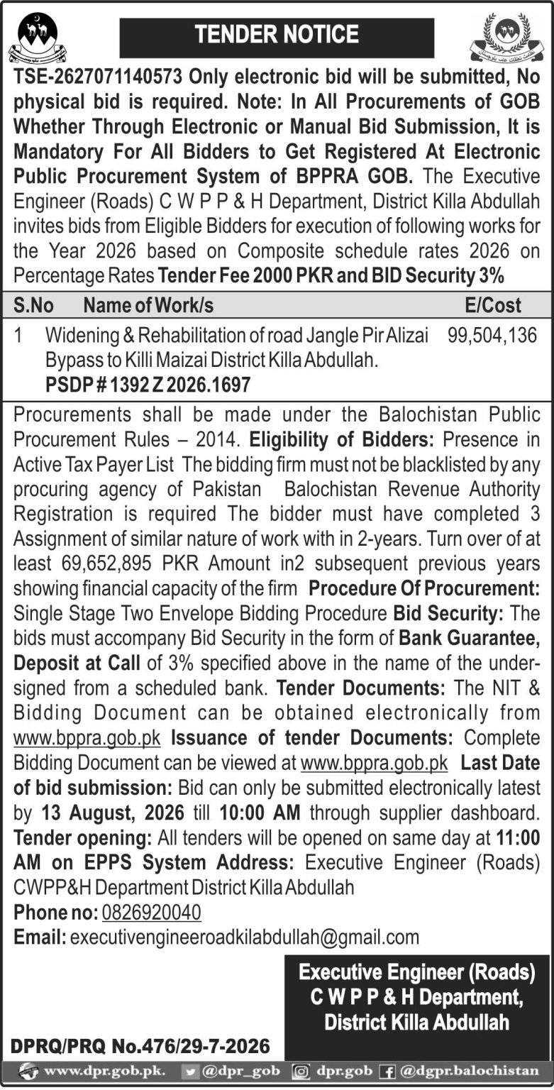 Executive Engineer (Roads) CWPP&H Department, District Killa Abdullah