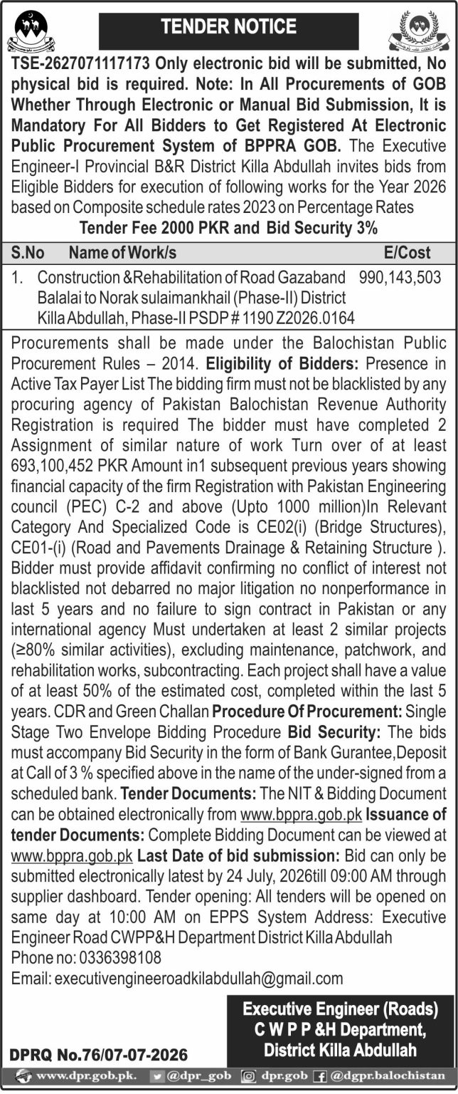 Executive Engineer (Roads) CWPP&H Department District Killa Abdullah
