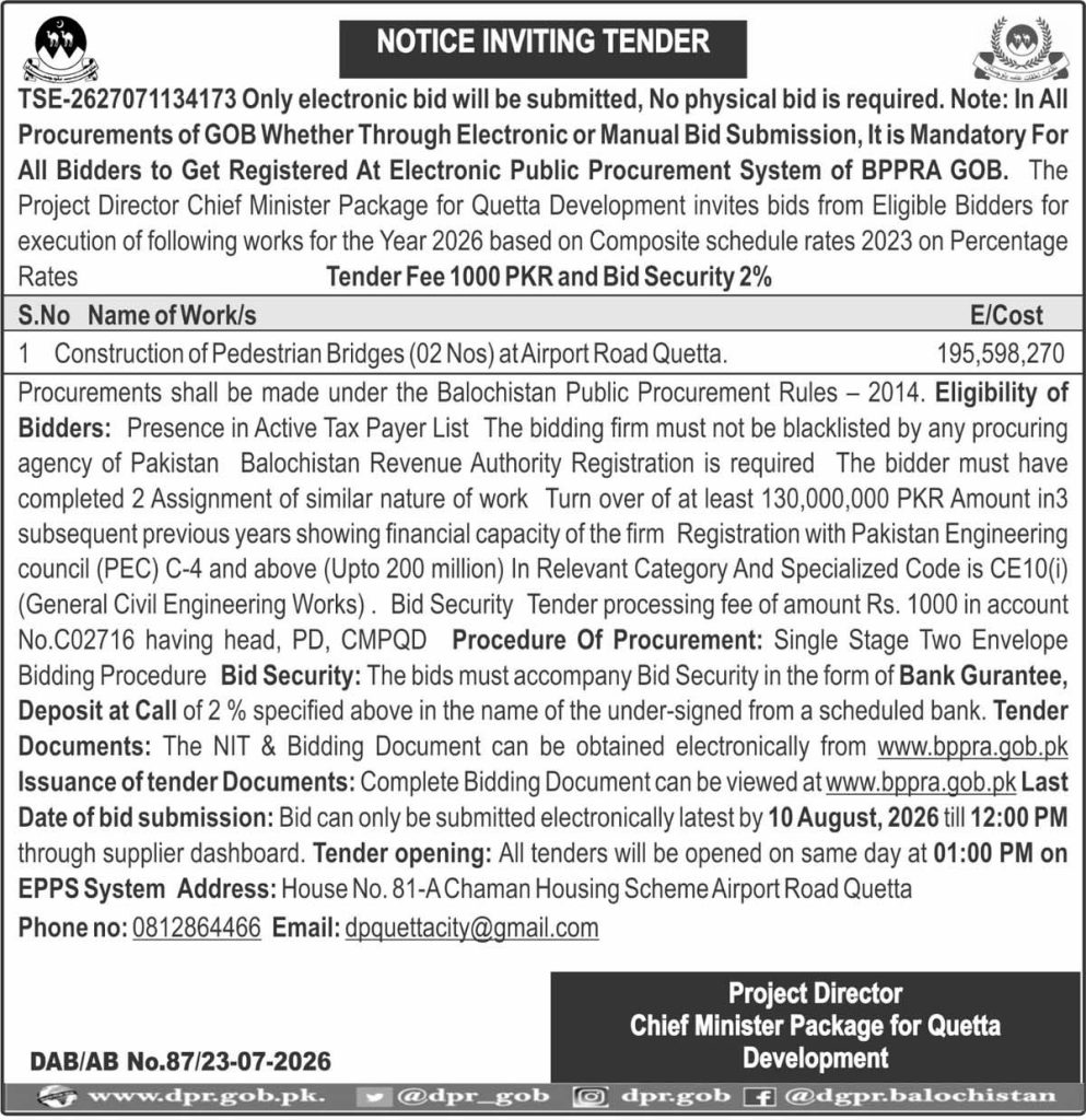 Project Director Chief Minister Package for Quetta Development (Notice Inviting Tender)