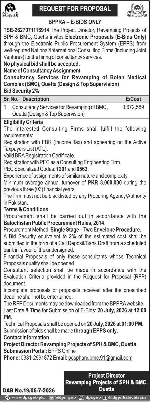 Project Director Revamping Projects of SPH & BMC Quetta (Tender Notice)