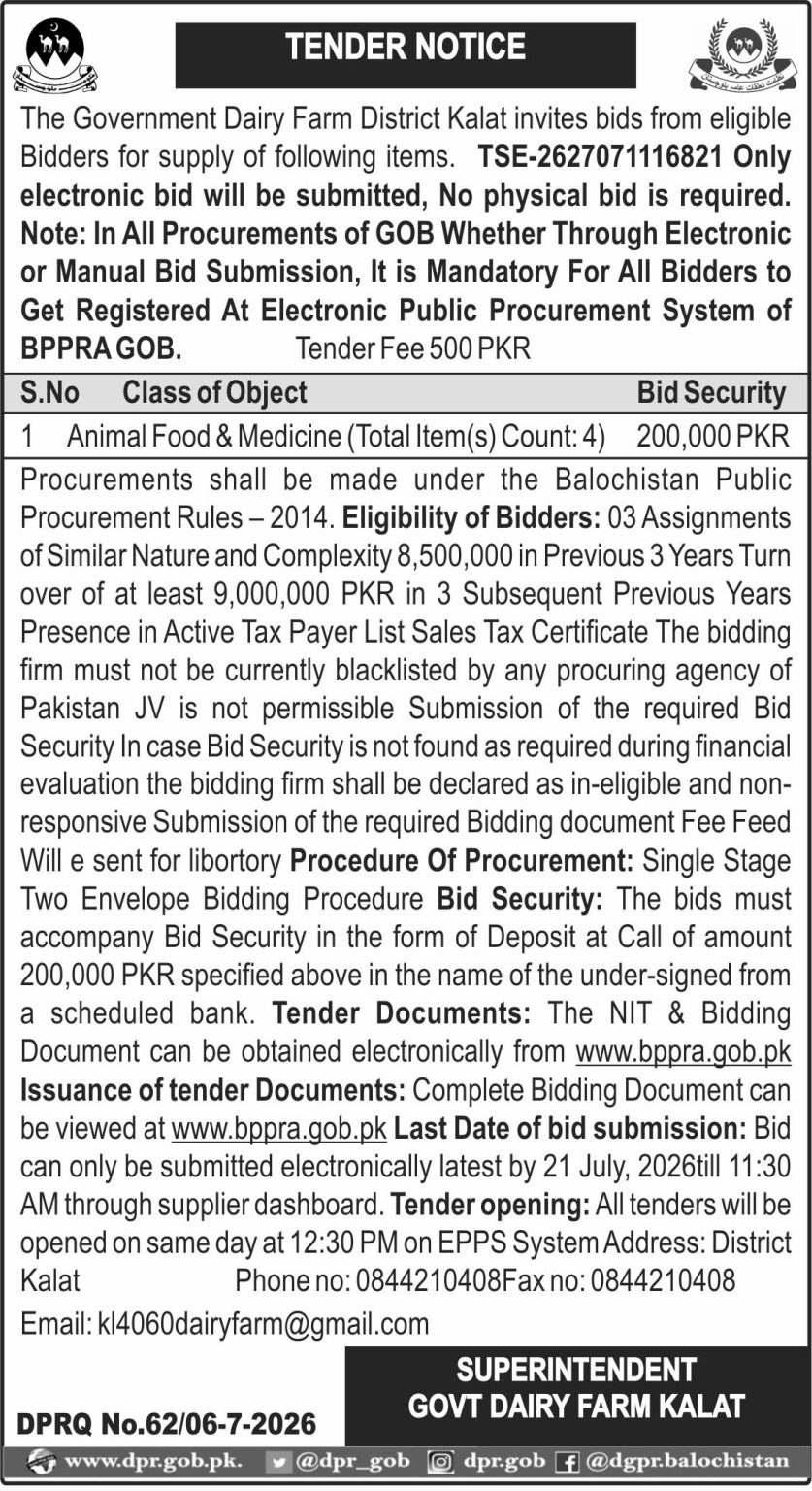 Superintendent Govt Dairy Farm Kalat (Tender Notice)