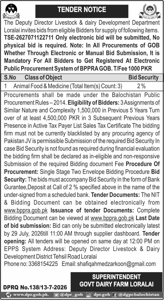Superintendent Govt Dairy Farm Loralai (Tender Notice)