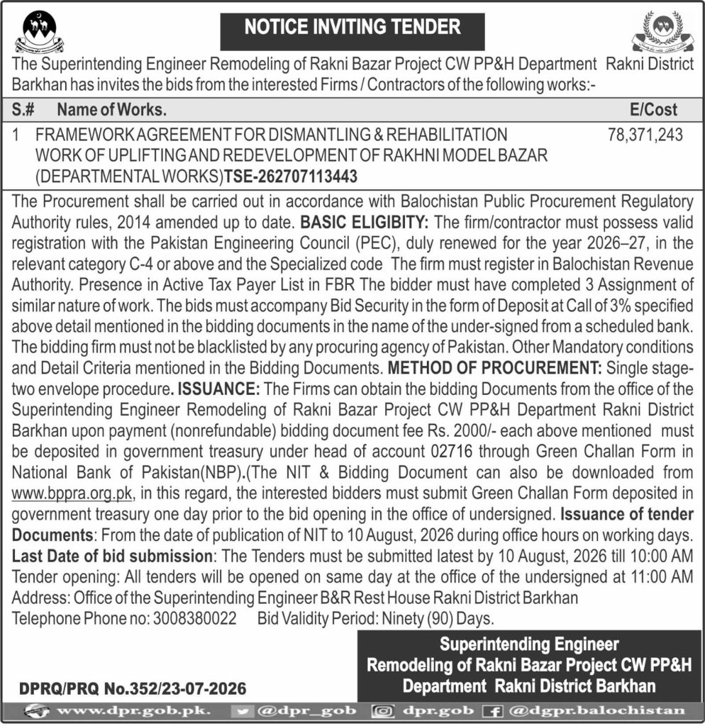 Superintending Engineer Remodeling of Rakni Bazar Project CWPP&H Dept Rakni District Barkhan (Notice Inviting Tender)