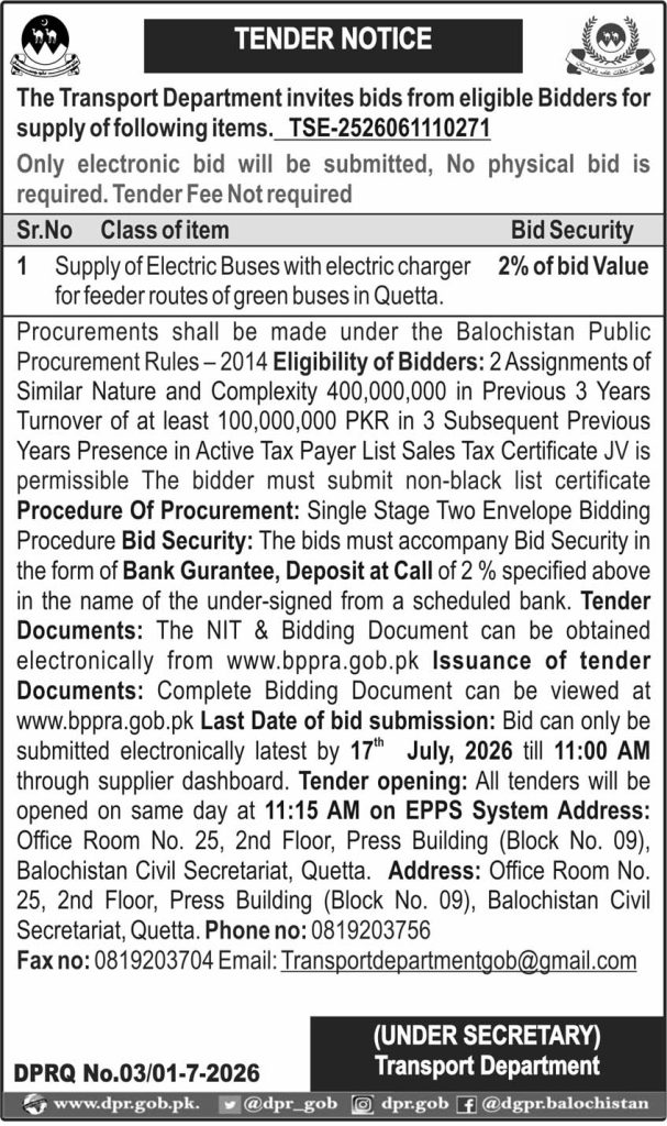 Under Secretary Transport Department (Tender Notice)