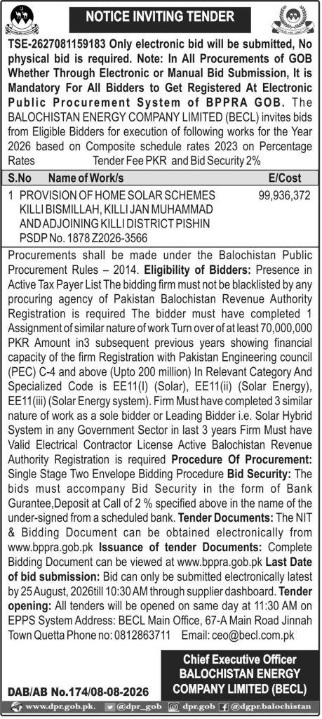 Chief Executive Officer Balochistan Energy Company Limited (BECL) NIT