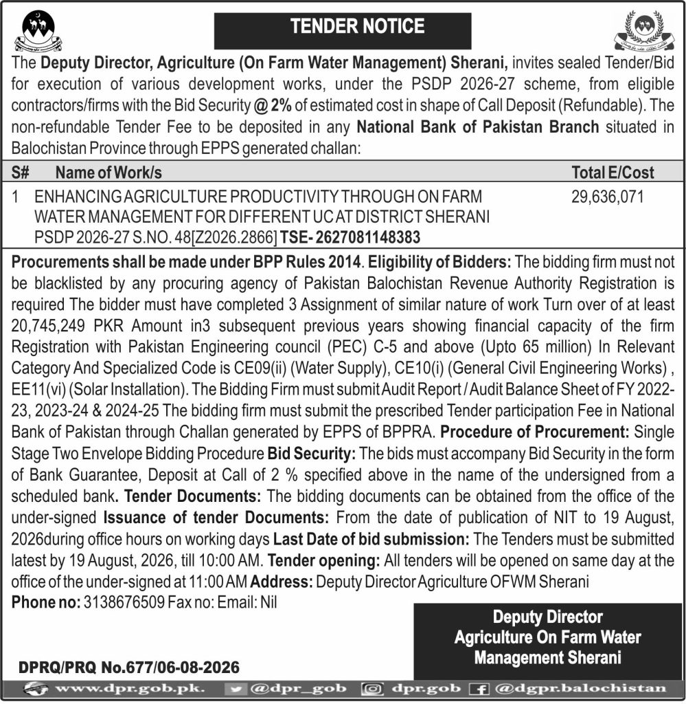 Deputy Director Agriculture On Farm Water Management Sherani (TN)