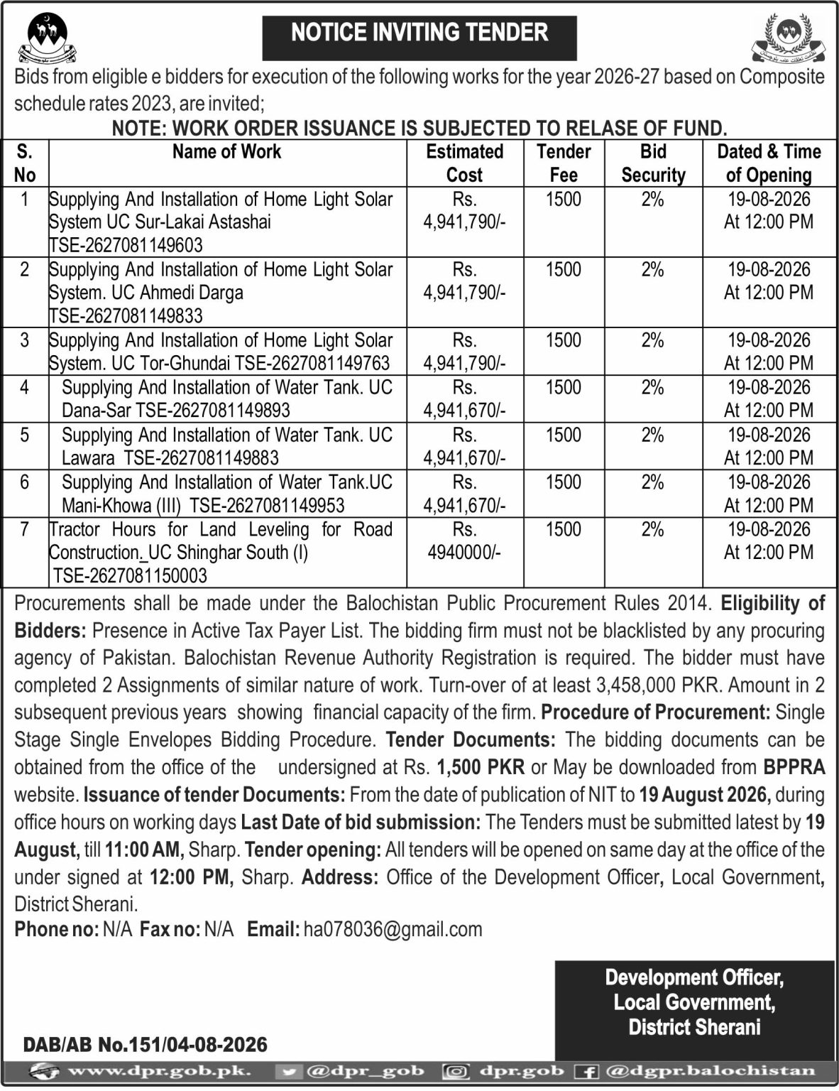 Development Officer, Local Govt District Sherani (Notice Inviting Tender)