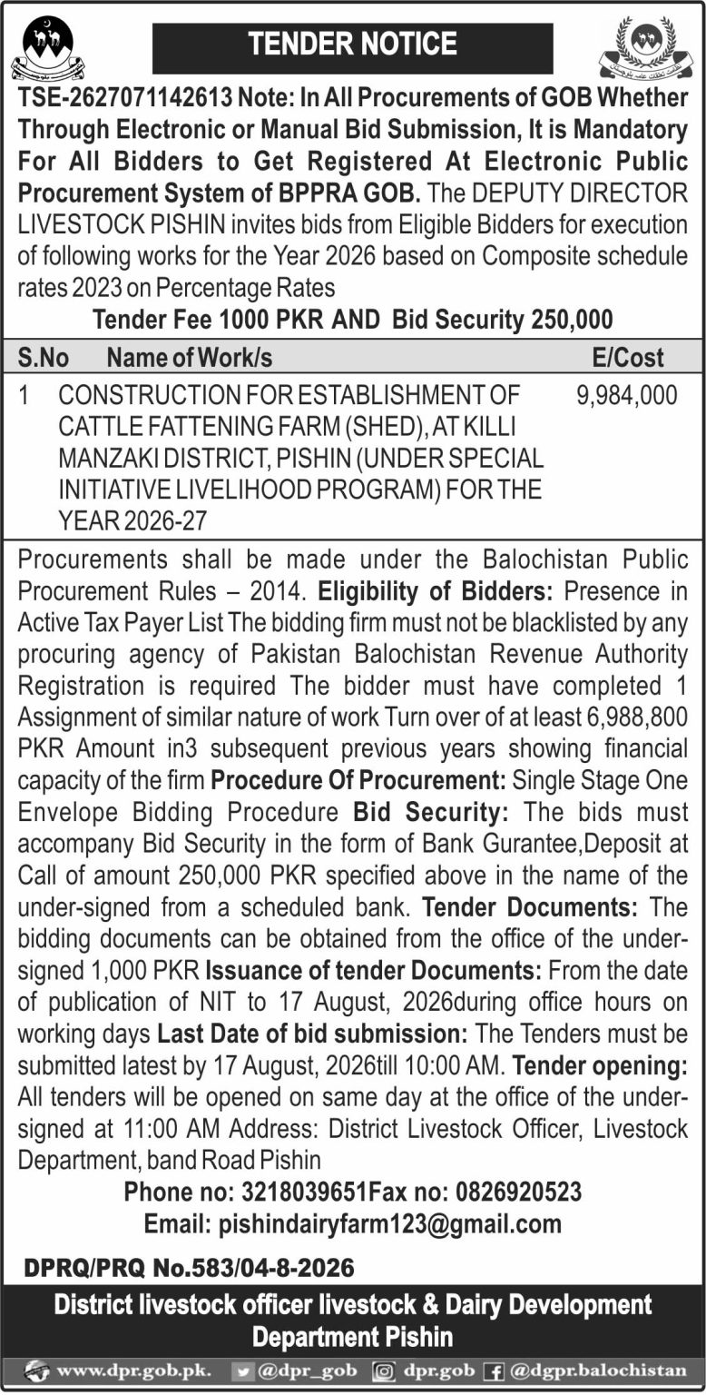District Livestock Officer Livestock & Dairy Development Department Pishin (TN)
