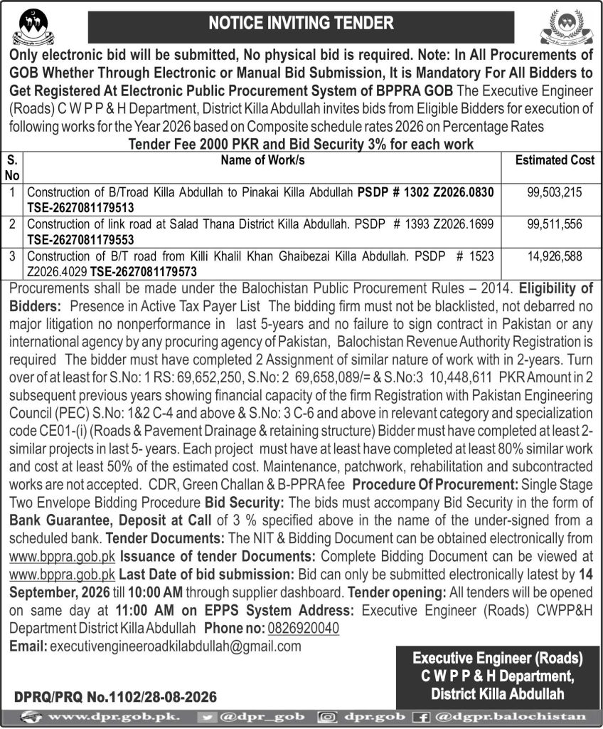 Execttive Engineer Roads CWPP&H Department District Killa Abdullah (NIT)