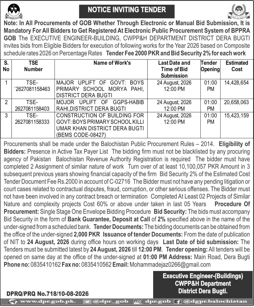 Executive Engineer (Buildings), CW,PP&H Department District Dera Bugti (NIT)