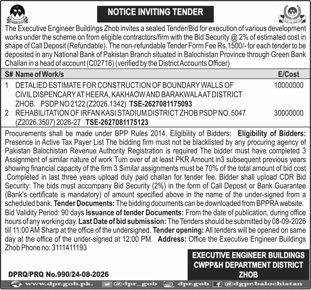 Executive Engineer Buildings CWPP&H Department District Zhob (NIT)