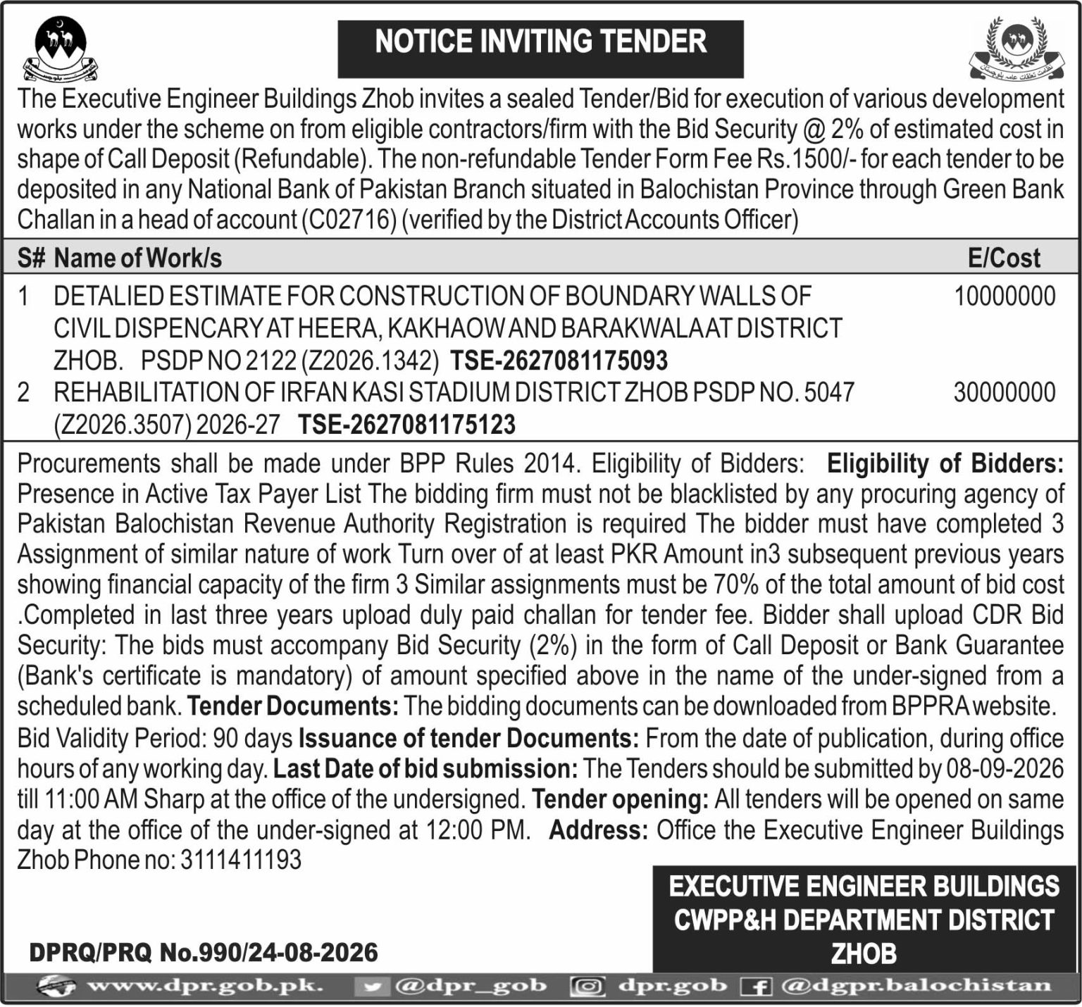 Executive Engineer Buildings CWPP&H Department District Zhob (NIT)