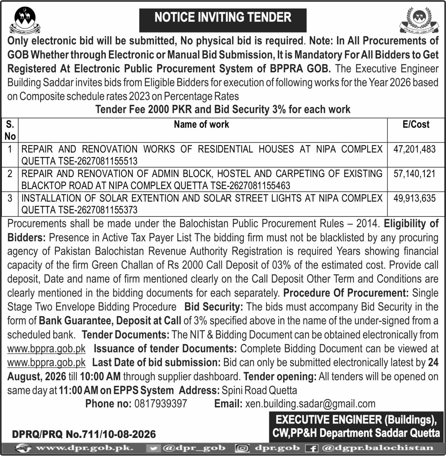 Executive Engineer (Buildings), CW,PP&H Department Saddar Qta (NIT)