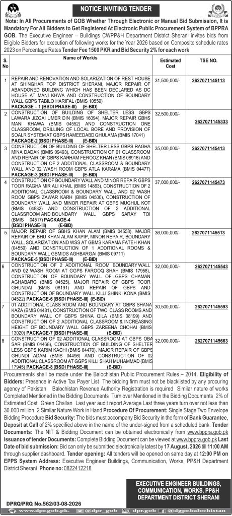 Executive Engineer Buildings Communication, Works, PP&H Sherani (Notice Inviting Tender)