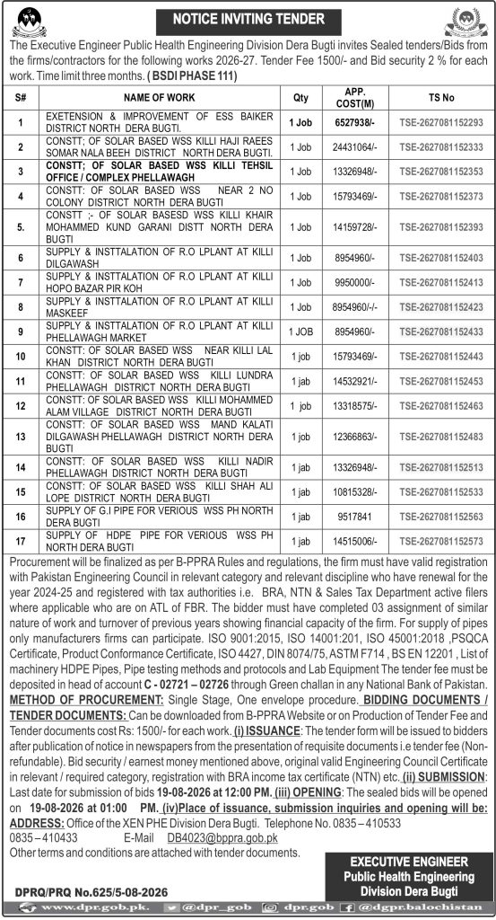 Executive Engineer Public Health Engineering Division Dera Bugti (NIT)