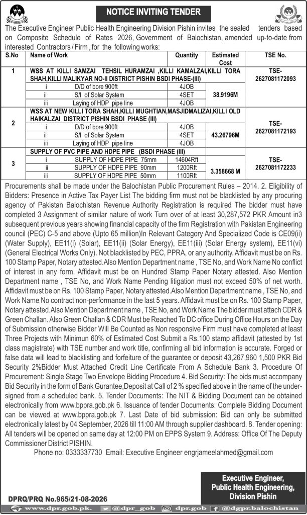 Executive Engineer Public Health Engineering Division Pishin (NIT)