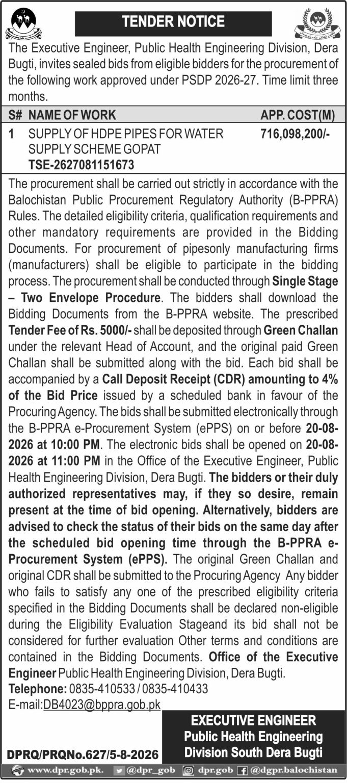 Executive Engineer Public Health Engineering Division South Dera Bugti (TN)
