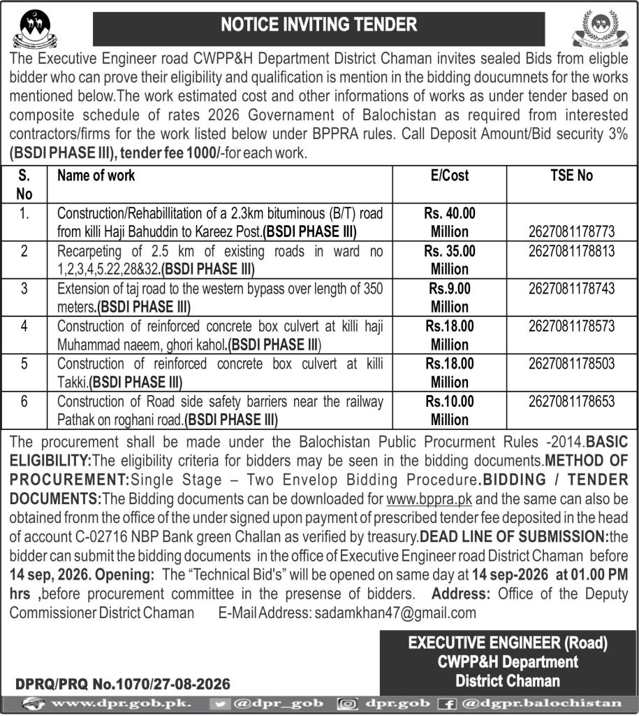 Executive Engineer Road CWPP&H Department District Chaman (NIT)