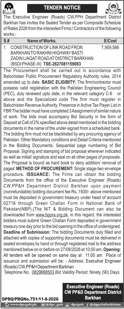 Executive Engineer Roads CWPP&D Department District Barkhan (TN(